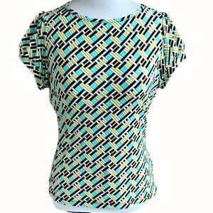 Worthington petite short cap sleeve stretch turquoise geometrical pattern PM